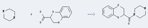 1,4-Benzodioxin-2-carboxylicacid, 2,3-dihydro- can react with piperazine to produce 1-(2,3-dihydro-benzo[1,4]dioxine-2-carbonyl)-piperazine